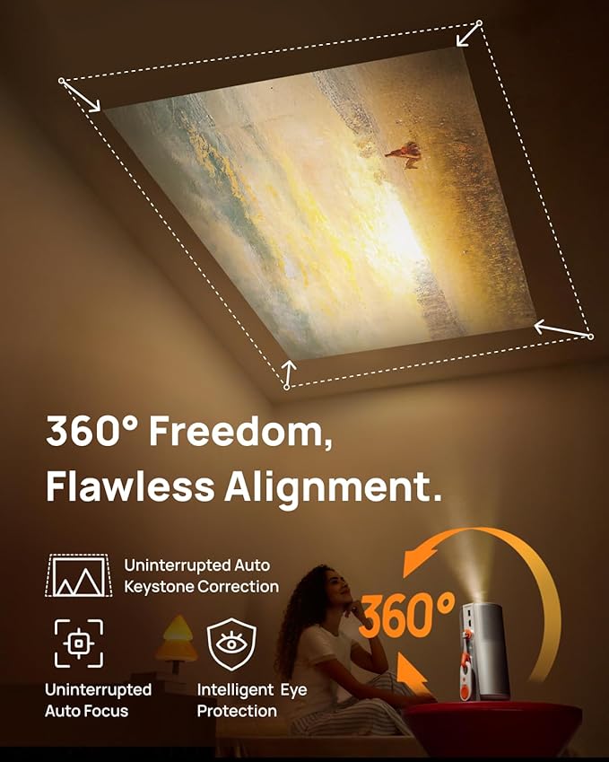 XGIMI MoGo 4 2025 NEW Portable Projector with PowerBase Stand, 5 Hours of Playtime, Google TV with Licensed Netflix, 360° Adjustable Stand, 450 ISO Lumens, 2 x 6W Harman Kardon