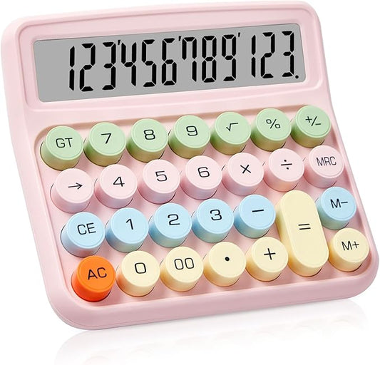 Mechanical Calculator with Large LCD Display, 12 Digits Big Button Easy to Use Auto Power Off Desktop Calculator for Home, Office & School (Pink)