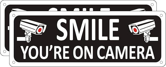 Bagstar (2 Pack) Heavy-duty Metal Smile You're on Camera Sign, 10" x 3.5" Aluminum Video Surveillance Sign, Camera Warning for Home Security, House, Business, Yard, Outdoor