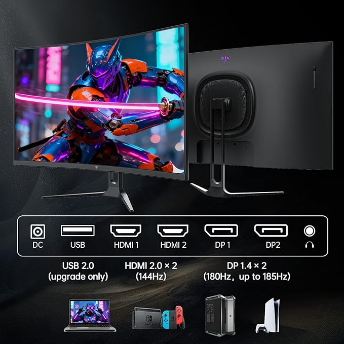 KTC 32 Inch Curved Gaming Monitor, 2K 180Hz Computer Monitor, Up to 185Hz, QHD 1500R PC Monitor 1ms with Adaptive Sync, DisplayPort/HDMI/USB, VESA Wall Mount, Tilt Adjustable, H32S5