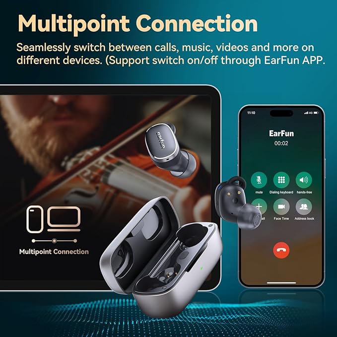 EarFun Free Pro 3 Noise Cancelling Wireless Earbuds, Hi-Res Sound, Snapdragon Sound with Qualcomm aptX™ Adaptive, 6 Mics ENC, Bluetooth 5.3 Earbuds, Multipoint Connection, Custom App, Wireless Charge