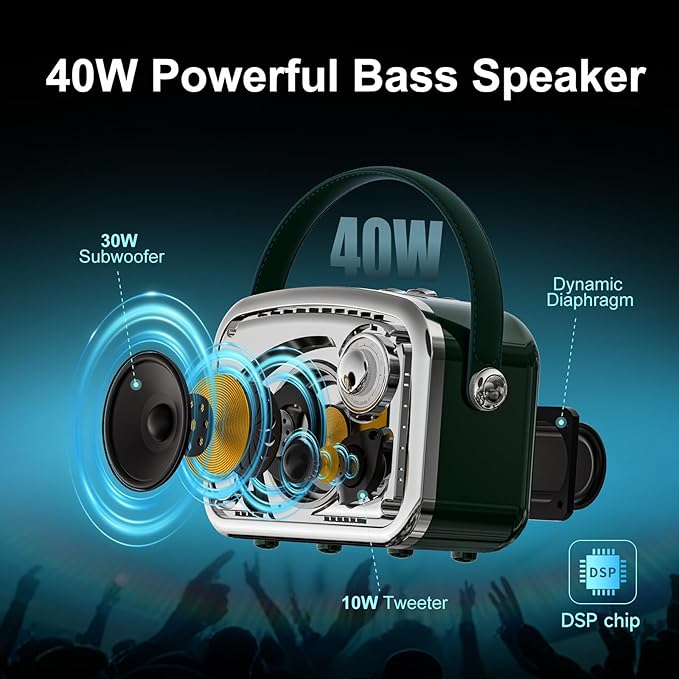 Portable Bluetooth Speaker 40W(60W Peak) Wireless Powerful Deep Bass Loud Stereo Sound Rechargeable Speakers with Subwoofer DSP HD Display Support USB/TF Card/AUX Input for Home Party Outdoor (Green)
