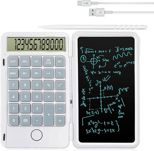 Hion Calculator,12-Digit Large Display Office Desk Calcultors with Erasable Writing Table,Rechargeable Hand held Multi-Function Mute Pocket Desktop Calculator for Basic Financial Home School (White)