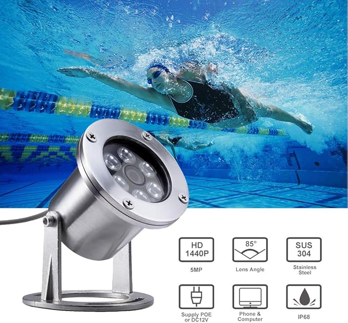 Underwater Cameras 304 Stainless Steel IP68 5MP 2592×1944 POE IP Camera 32Ft Cable Koi Pond Camera