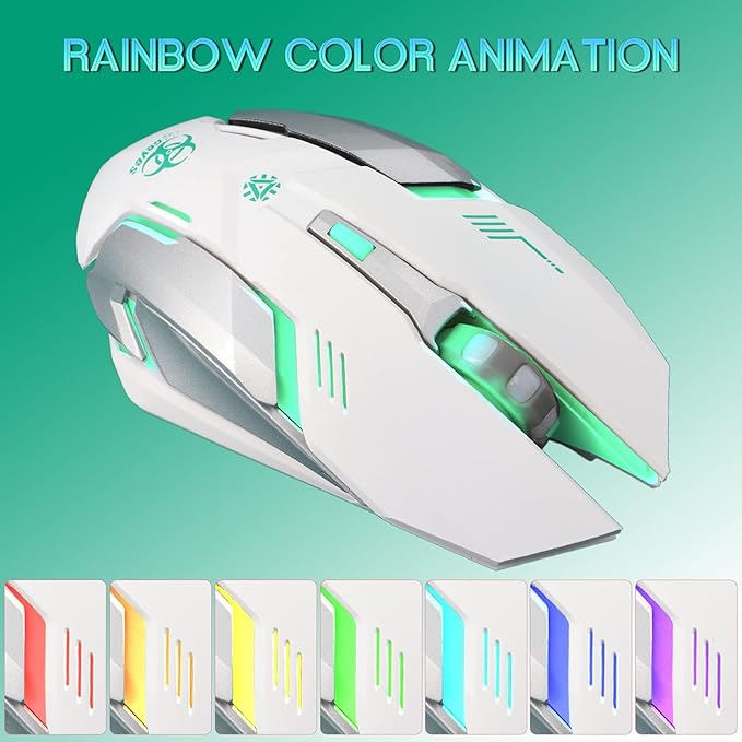 VEGCOO White Wireless Gaming Mouse, Silent Click Wireless Mouse with 3 Level DPI, Rechargeable Computer Mice with Colorful RGB LED Lights and Side Buttons for Laptop and Desktop