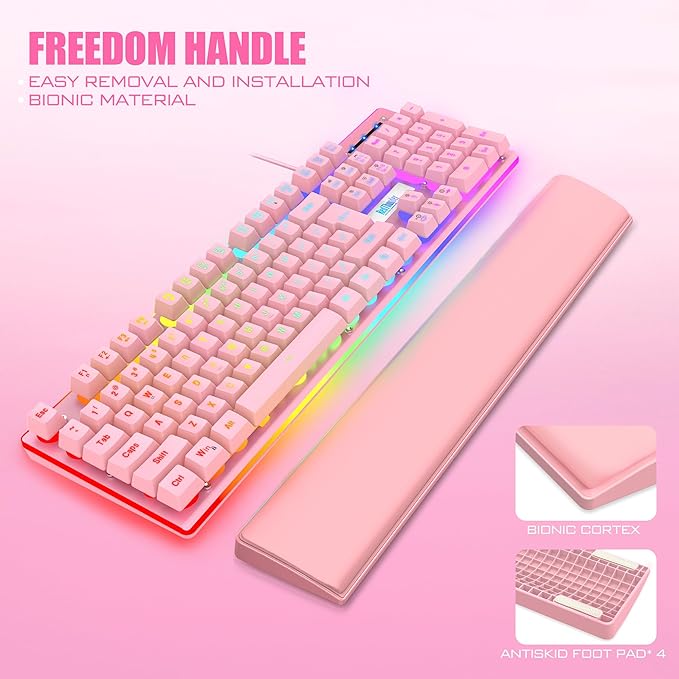 RedThunder K10 Wired Gaming Keyboard and Mouse and Wrist Rest Combo, RGB Backlit, Mechanical Feel Anti-ghosting Keyboard + 7D 7200 DPI Mice+Soft Leather Wrist Rest 3 in 1 PC Gamer Accessories(Pink)