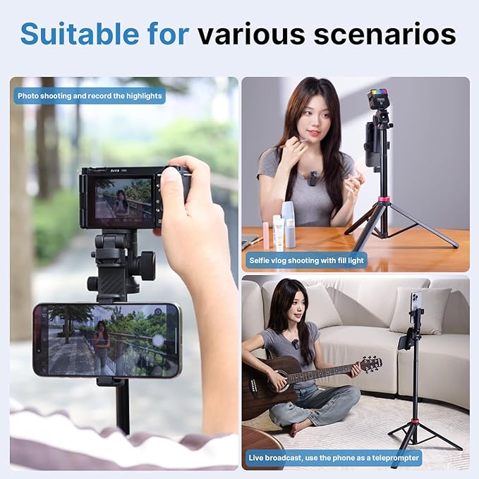 ULANZI MT-78 Extendable Phone Tripod, metal 72.83" Selfie Stick Camera Tripod Stand with 2 in 1 Phone Clip, 360° Ball Head Camera Tripod with cold shoe for iPhone 17 Sony Canon, Lightweight for Travel