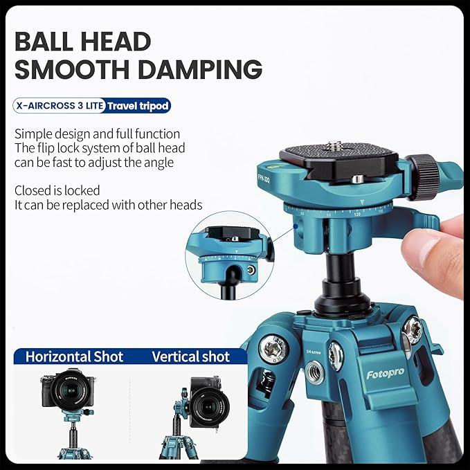 Fotopro Carbon Fiber Tripod 60 Inch 360 Degree Ball Head Quick Release Plate Lightweight Travel Tripod, Max Loads up to 17.6lbs, Blue