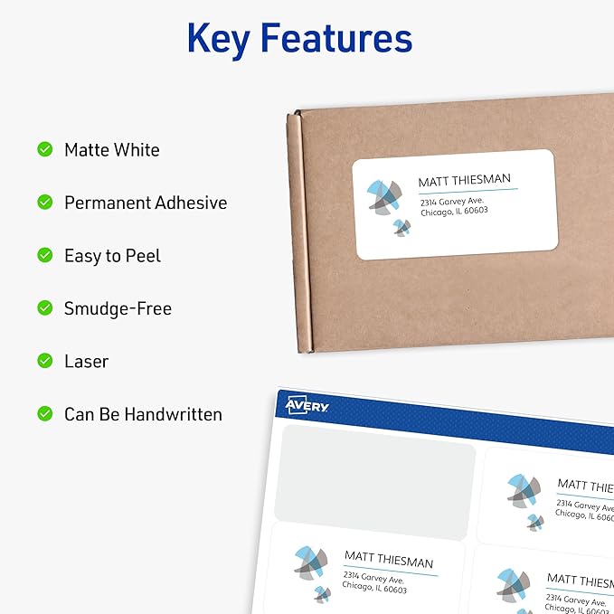 Avery Printable Shipping Labels with Sure Feed, 2" x 4" Customizable Stickers, White, 5,000 Blank Mailing Labels, Great for Mailing, Shipping, and More (5-Pack of 5163)