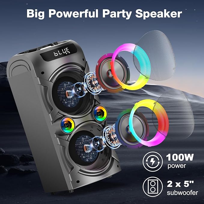 Portable Bluetooth Speaker 100W Big Powerful Wireless Boombox TWS Pairing Loud Stereo Sound Deep Bass Large Party Speakers with Subwoofer LED Lights for Outdoor Home Camping