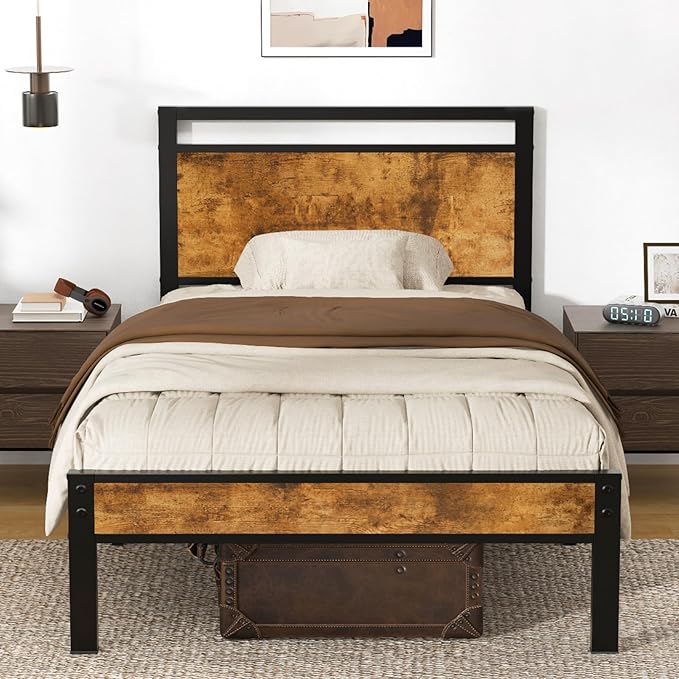 Z-hom Upgraded Twin Bed Frames, Heavy Duty Metal Sturdy Bed Frame Twin Size with Modern Wood Headboard & Footboard, Stable Platform Bed Furniture Bed Storage, No Noise, No Box Springs, Vintage Brown