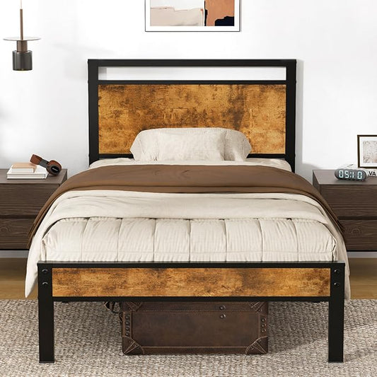Z-hom Upgraded Twin Bed Frames, Heavy Duty Metal Sturdy Bed Frame Twin Size with Modern Wood Headboard & Footboard, Stable Platform Bed Furniture Bed Storage, No Noise, No Box Springs, Vintage Brown