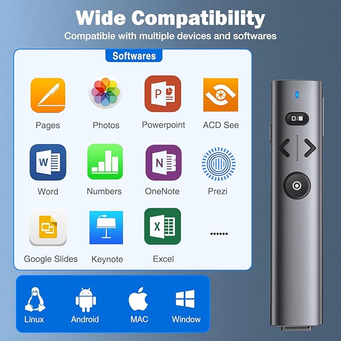 Wireless Presentation Clicker with Red Light Pointer, Clicker for Powerpoint Presentations with Volume Control, Rechargeable Long Range Presenter for Google Slide Keynote PC