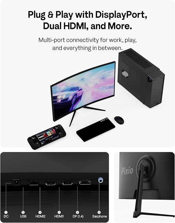 Pixio PXC279 Wave 27 inch 300Hz Refresh Rate FHD 1080p Resolution 1650R Curved Fast VA Panel 1ms GTG Response Time Adaptive Sync HDR Curved Gaming Monitor