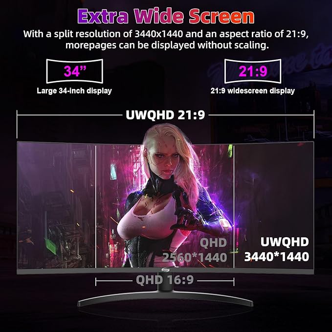 34 Inch 4K Curved Gaming Monitor, (3440x1440) 165Hz VA Panel Ultrawide Computer Monitor, HDR400, 1500R, FreeSync HDMI/DP and Built-in Speaker VESA 100 x 100mm