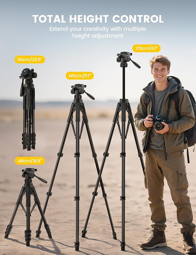 Lamicall Camera Tripod - 17.6LBS Max Load Tripod for Camera with Rapid Leg Deployment Phone Tripods for Video Recording Photo Vlog, 67" Camera Stand with Phone Holder & Carry Bag for DSLR iPhone GoPro