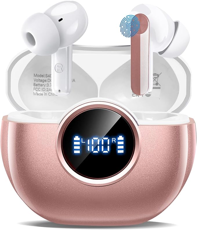Wireless Earbuds 2025 NEW Bluetooth 5.4 Headphones Bass 3D Stereo,In-Ear Pink Earphones with 4 ENC Noise Cancelling Mic,48H Playtime with LED Display, IPX7 Waterproof for Laptop Android iOS, Rose Gold
