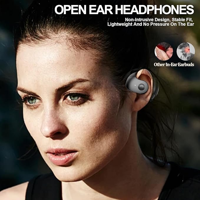 Open Ear Headphones Wireless Bluetooth 5.4, OWS Hanging Earphones Wireless Earbuds with Earhooks and Mic, IPX5 Waterproof, 48H Range, Out of Ear Earbuds for Sports Running Workout Driving(Black)