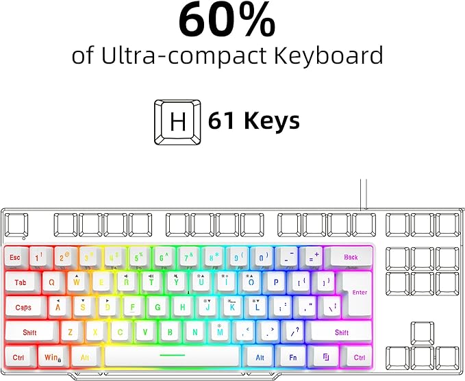 Snpurdiri 60% Wired Gaming Keyboard, 61 Keys RGB Backlit Wrist Rest Ultra-Compact Mini Waterproof Keyboard for PC Computer Gamer (White)