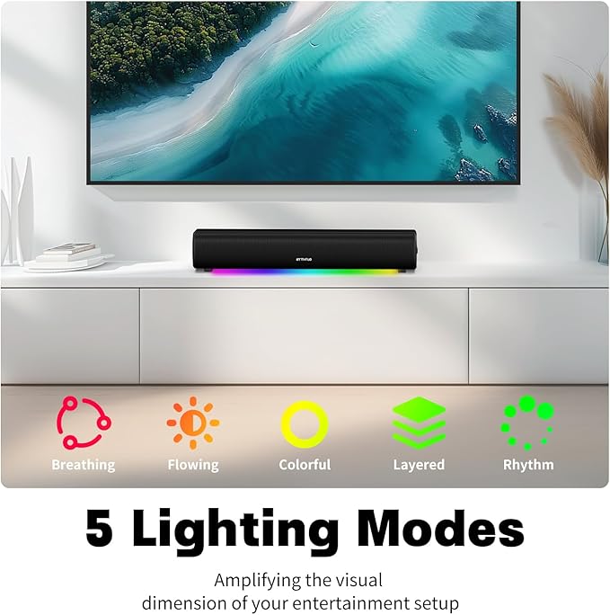 Sound Bar for Smart TV, 16'/60W Soundbar with Impactful Bass, Dynamic Light and Remote Control, Wall Mountable TV Speakers with Bluetooth/Optical/3.5MM AUX for Gaming/PC/Projector