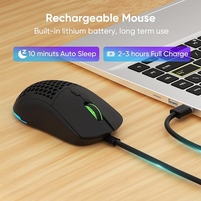 Honeycomb M32 Wireless Gaming Mouse - 2.4GHz RGB Rechargeable Ergo Mouse with Silent Clicks & 3200 DPI for PC/Mac (Black)