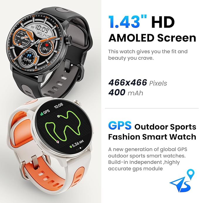 Smart Watch for Men Women GPS, 1.43'' AMOLED Smartwatch with Compass/Barometer/Altimeter 100+ Sports Fitness Tracker with Health Monitor for Android iOS 3ATM Waterproof Answer/Make Call