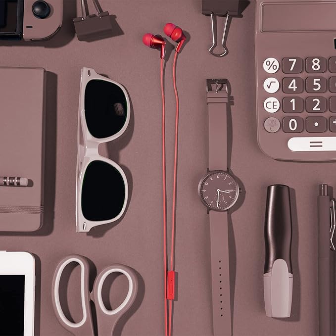 Panasonic ErgoFit Wired Earbuds with Microphone, 3.5mm Jack Headphones with Mic and Call Controller, Ergonomic Custom-Fit Earpieces (S/M/L), for Phones and Laptops - RP-TCM125-R (Red)