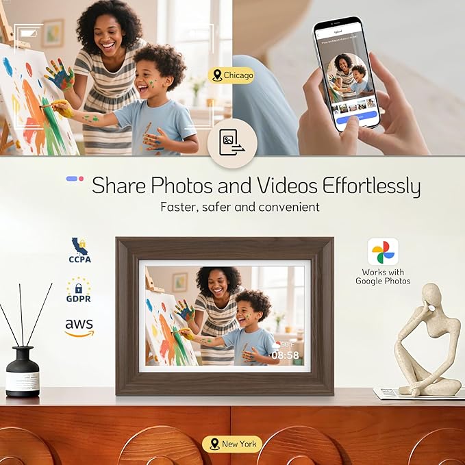 NexFoto 10.1 Inch Wood Digital Picture Frame Touchscreen, HD 1280x800 64GB WiFi Digital Frame, Add Photos from Google Photos, Share Videos via App/USB/Micro SD, Gift for Mom/Birthday (Walnut)