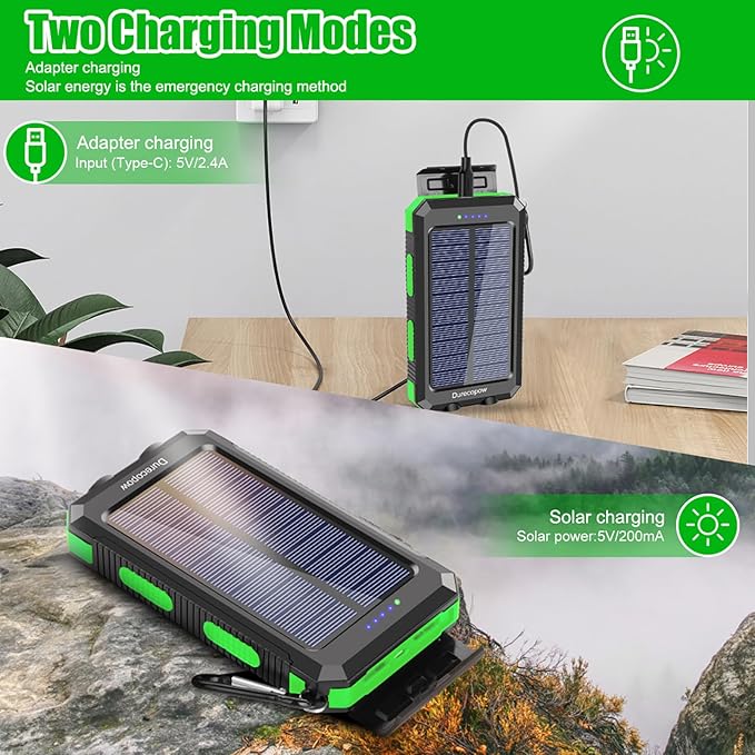 Solar Charger Power Bank, 20000mAh Portable Outdoor Waterproof Solar Battery Charger, Camping External Backup Battery Pack USB C Ports Input/Output, 2 Led Light Flashlight with Compass (Green)