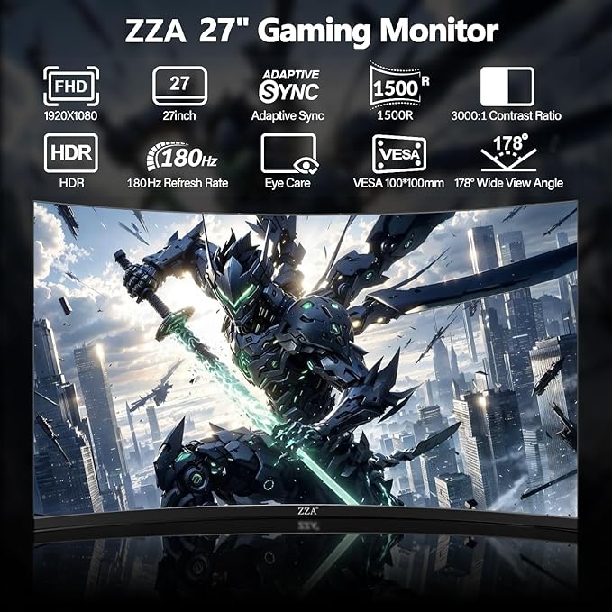 ZZA Gaming Monitor 27 Inch Curved 180Hz| 165Hz|144Hz|1ms| Computer Monitor FHD|1080P| 90% DCI-P3,100% sRGB,PC Monitor FreeSync| HDMI|HDR|Low Blue Light| HDMI|DP Ports| VESA Mount| Metal Stand
