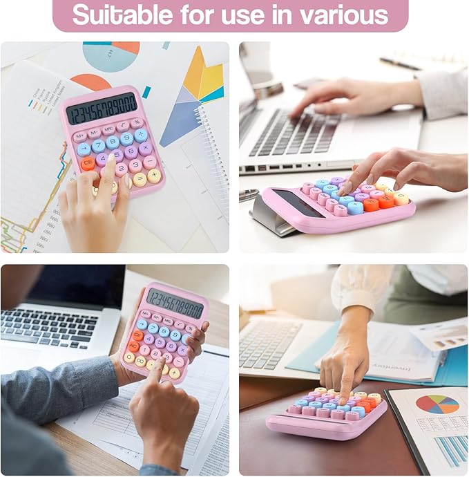 Mechanical Pushbutton Calculator,12 Digit Large LCD Display,Big Buttons Easy to Press,Colorful Candy Calculator,Automatic Sleep,with Battery.for Office,School, Home. (Pink)