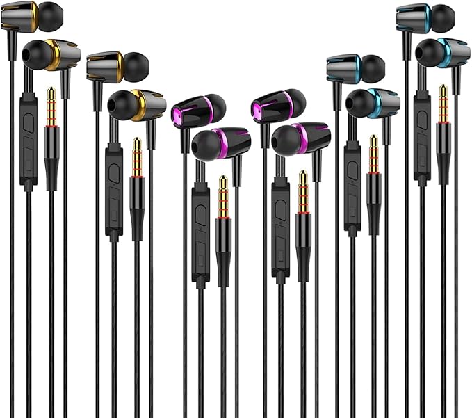 Earbuds Wired with Microphone Pack of 6, in-Ear Headphones,Noise Isolating,Powerful Heavy Bass, Earphones Compatible with iPhone, iPod, iPad, MP3, Samsung, and Most 3.5mm Jack (Black)