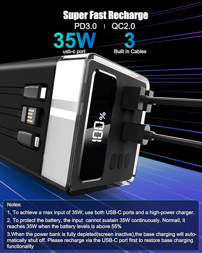 90000mAh Portable Charger Power Bank with 35W PD Fast Charging, 6 Ports & Built-in Cables, RGB Mood Light(12 Modes) &LED Camping Flashlight for Indoor/Outdoor Camping Home Travel Emergency