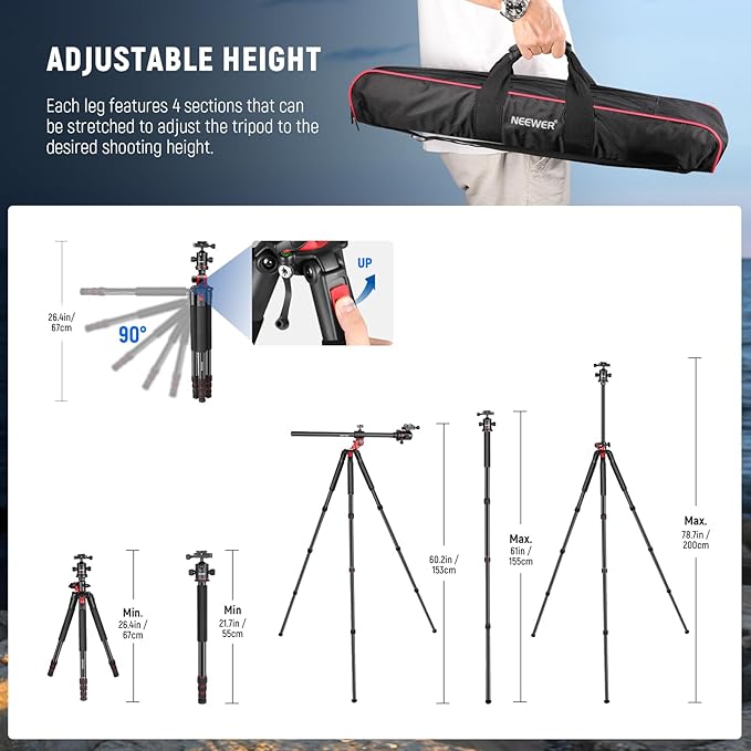 NEEWER 79 inch Camera Tripod Monopod with Center Column and Ball Head Aluminum, Arca Type QR Plate, Bag, Horizontal Tripod Overhead Camera Mount for DSLR Camera, Video Camcorder, Max Load: 33lb