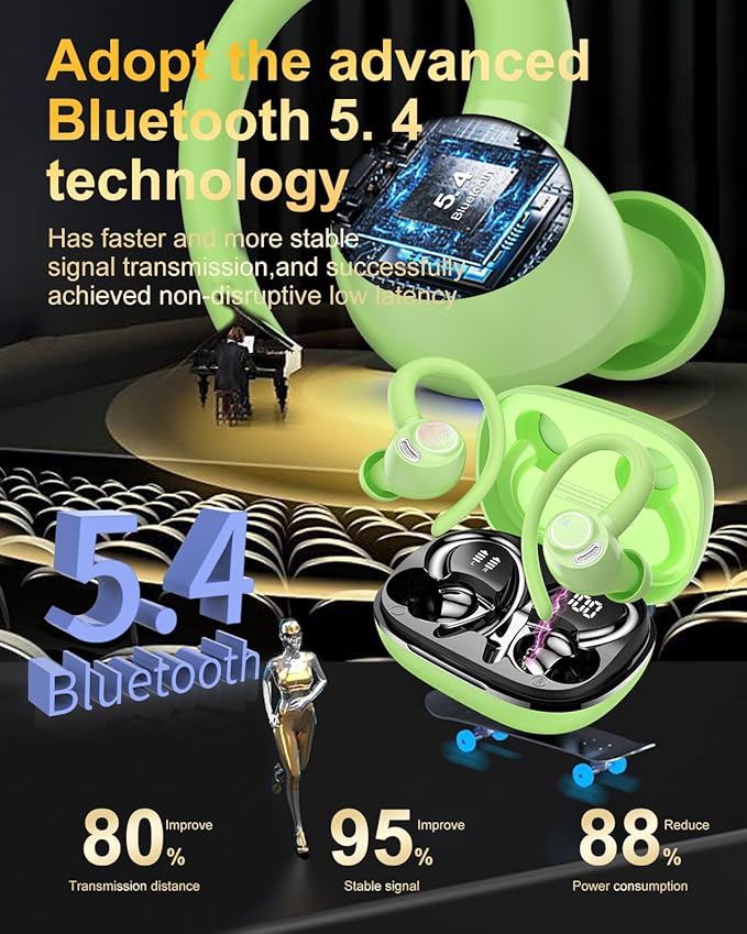 Wireless Earbuds, Bluetooth 5.4 Headphones Sport, Over Ear Buds With ENC Noise Cancelling Mic, 48H, Wireless Earphone With Earhooks, Stereo Deep Bass, IP7 Waterproof ear bud for Workout Running, Green