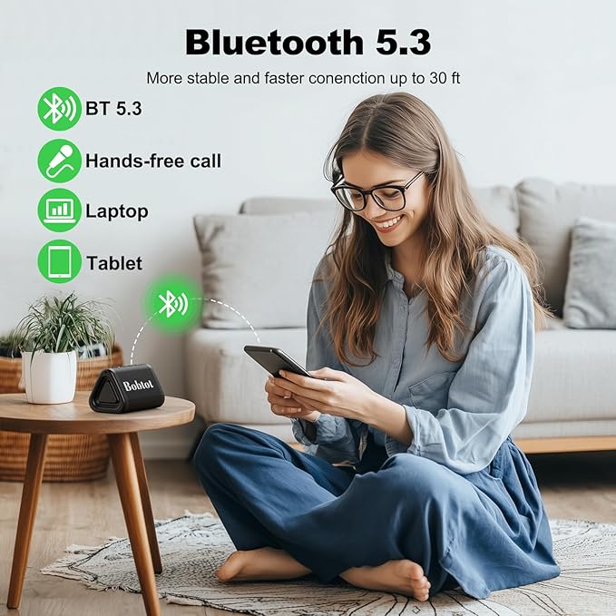 Bobtot Portable Bluetooth Speaker Wireless, IPX7 Small Shower Speaker Waterproof, 15H Playing Time, Loud and Stereo Sound with Bass, TWS Pairing for Party, Camping, Travel, Black