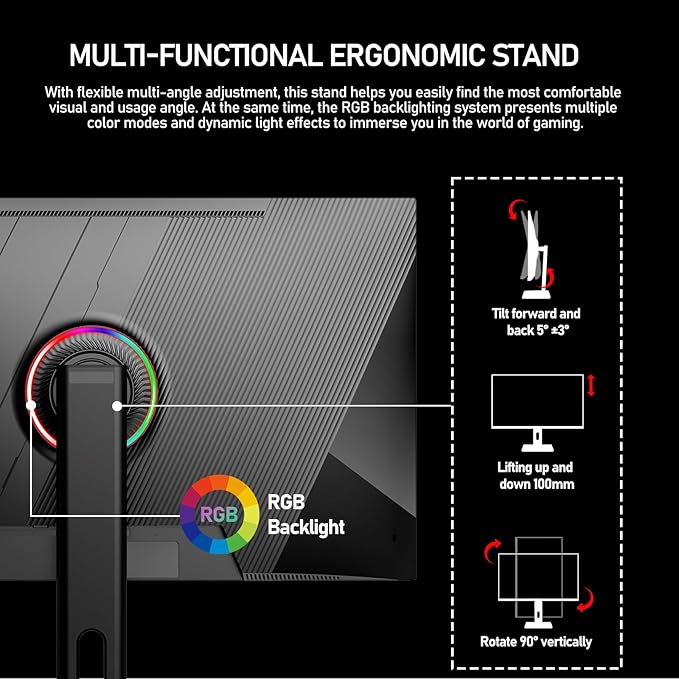 27 inch IPS PC Screen, 4K Gaming Monitor 160Hz, 1ms, FreeSync, 100% sRGB, 178° Wide Viewing Angle, HDMI 2.1, DisplayPort,Height-Adjustable and Swivel,75 * 75MM Wall Mount Compatible - Black