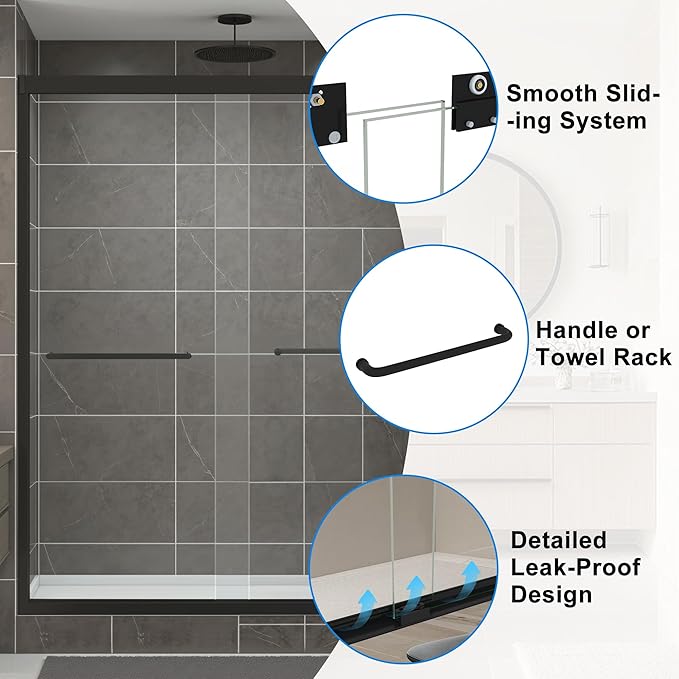 56-60" W x 62" H Tub Shower Door Bathroom Double Sliding Shower Door 5/16"(8mm) Thick Tempered Glass Shower Door with Stainless Steel Handle for Bathtub, Matte Black