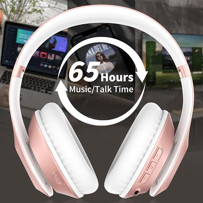Wireless Bluetooth Headphones Over Ear 65H Playtime HiFi Stereo Headset with Microphone and 6EQ Modes Foldable Bluetooth V5.3 Headphones for Travel Smartphone Computer Laptop Rose Gold