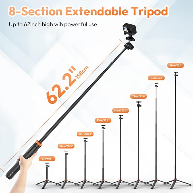Selfie Stick Tripod for Gopro Camera, 62" Extendable Tripod Stand with 360° Ball Head 1/4" Screw, Portable Lightweight Camera Tripod for GoPro Max Hero 13 12 11 10 9 8 DJI OSMO Action Camera