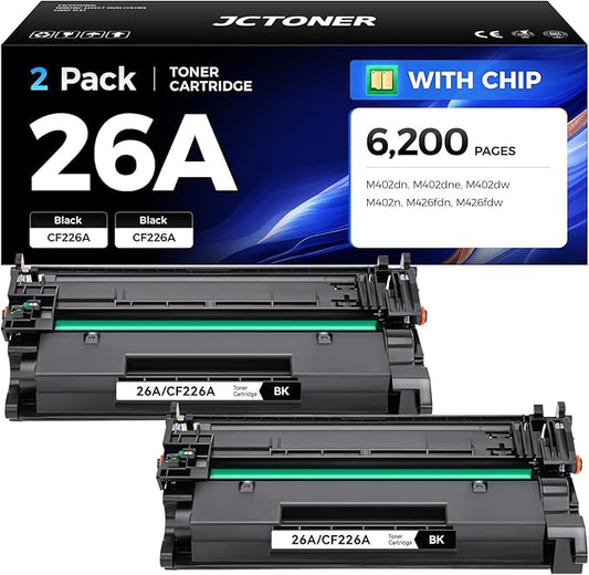 26A Black Toner Cartridge 2-Pack with chip High Yield Replacement for HP 26A CF226A Compatible with HP Laserjet Pro MFP M426fdn M426fdw M402dn M402dne M402dw M402n Printer M426 M402 Series Ink Copy