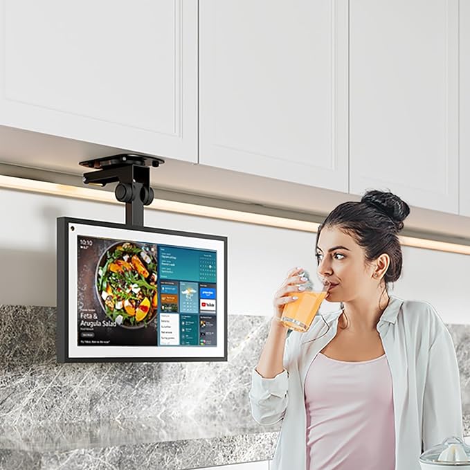 WALI Under Cabinet Mount for Echo Show 21, Echo Show 15, Height Adjustable and Foldable Mounting Bracket, Tilt Swivel for Echo Show 21, Echo Show 15, Holds up to 44lbs (ECS001), Black