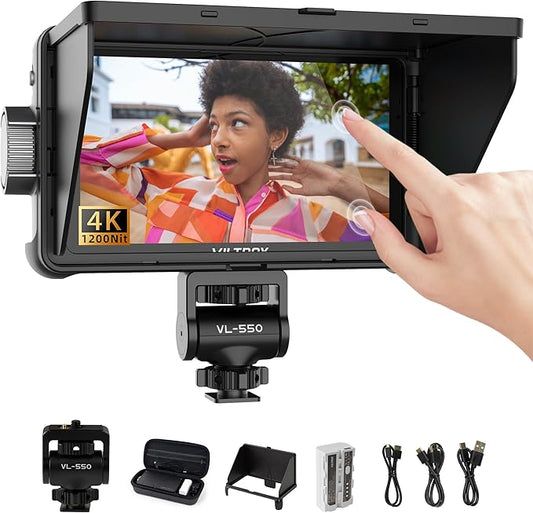 VILTROX DC-550 1200 Nits DSLR Camera Field Monitor, 4K 1920x1080 Touchscreen Portable On-Camera External Video Monitor Kit with Sunshade Hood/Battery 3D LUT DC HDMI Input Output Video Focus Peaking