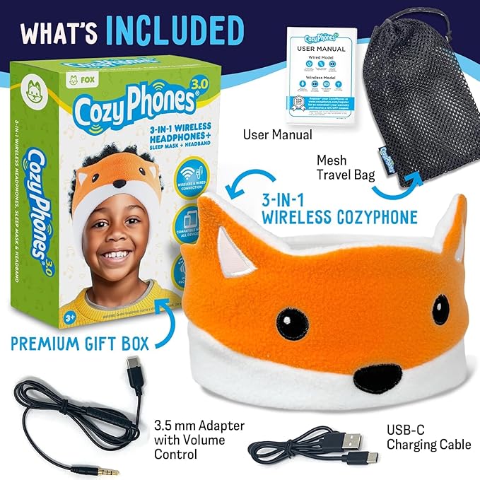 Toddler Headphones Wireless, Kids Bluetooth Earphones, Safe Volume - Wired School Headphones for Kids with 3.5 MM Jack and Travel Bag - Toddler Airplane Accessories for Boys & Girls - Fox
