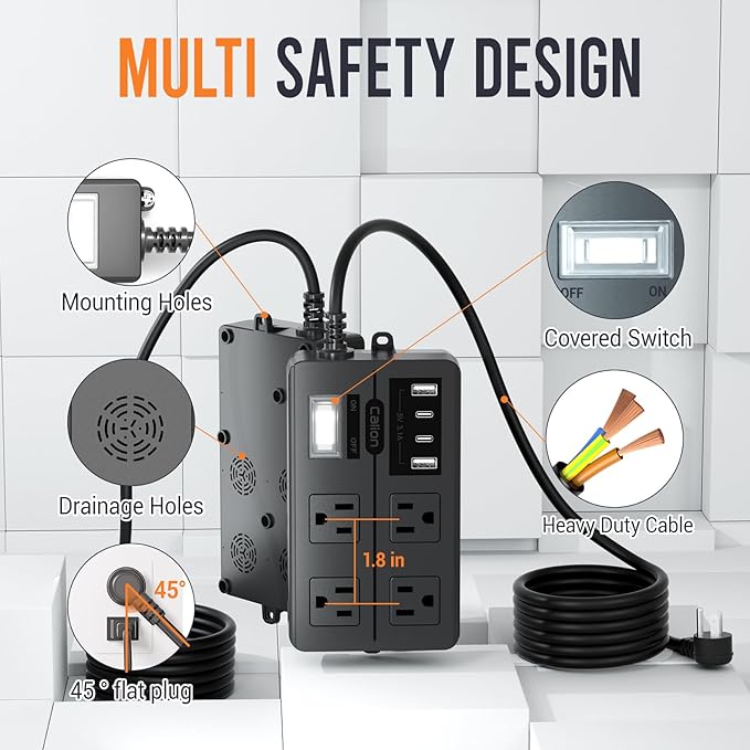 VNJ Outdoor Power Strip with 4AC Outlets + 4USB Ports, IPX6 Waterproof Surge Protector, Safety Lock Design and ETL-Certified Cables, 10FT Extension Cord for Home, Garden, and Commercial Use
