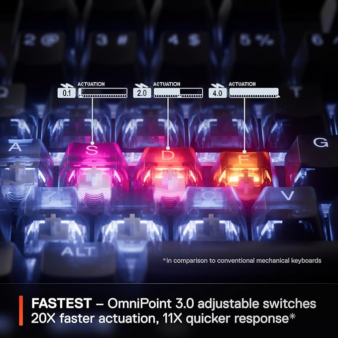 SteelSeries Apex Pro Gen 3 OmniPoint 3.0 HyperMagnetic Switches — Adjustable Actuation — Rapid Trigger — Game-Ready Presets — Protection Mode — Rapid Tap/SOCD — OLED — RGB — PBT Keycaps — USB-C