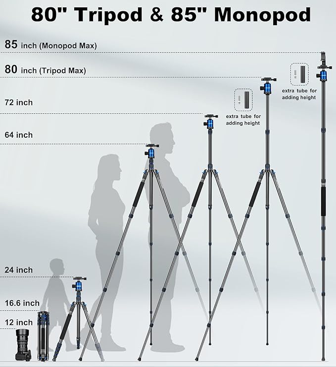 80/85 inches Heavy Duty Tripod for Camera and Phone, 85" Camera Monopod Tripods, DSLR Binoculars Spotting Scope Camcorders Video Tripod Stand, 360 Degree Ball Head, 35 lbs Loads