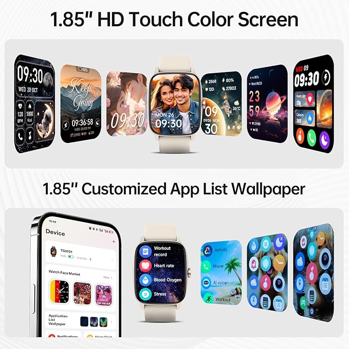 Smart Watches for Women Men with Bluetooth Call & AI Voice, 1.85" HD Fitness Tracker with Heart Rate SpO2 Sleep Monitor, 100+ Sports Modes Mini Games, IP68 Waterproof Smartwatch for Android iOS Phones