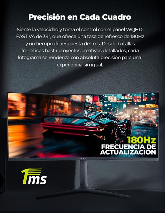 YEYIAN 34 inch Ultrawide Curved 180Hz Gaming Computer Monitor 1ms 1500R VA Screen PC, 21:9 WQHD (3440x1440), 178°Viewing Angle, sRGB 129%, DCI-P3 92%,FreeSync,HDMI x2,DP1.4 x2,Tilt Adjustable