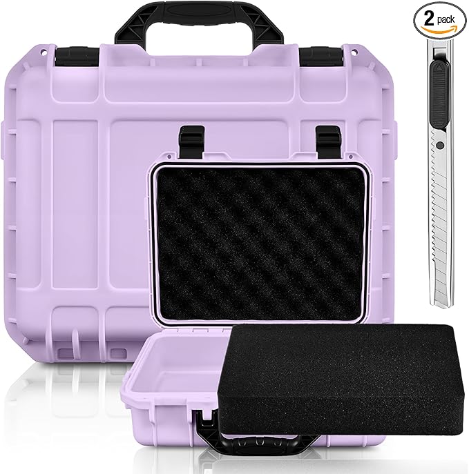 14.3 x 11.4 x 4.5 Inch Waterproof Hard Case with DIY Customizable Foam Insert Portable Protective Case with Knife for Camera Drones Equipments Tools Test Instruments (Purple)